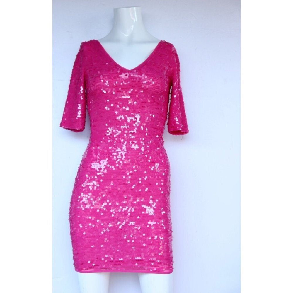 BCBCMAXAZRIA Women’s XXS Neon Pink Begonia Dress Mesh Sequin V-Neck Stretch Mini